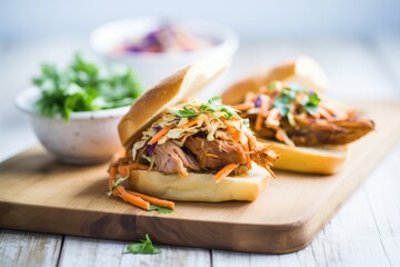 ciabatta roll with bbq pulled pork and coleslaw - obrazy, fototapety, plakaty