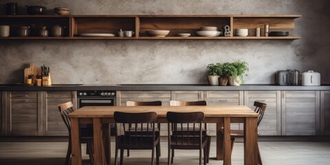 Kitchen and dining area furnished with an aged wooden table.