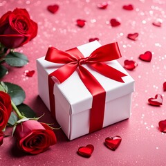 A white gift box with a red bow is framed by red roses and bokeh. Happy Valentine's Day, Mother's Day, 8 March, and Women's Day