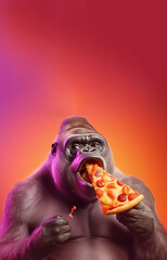 A goofy gorilla with funny expressions eating pizza - obrazy, fototapety, plakaty