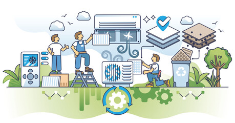 HVAC air filter replacement and professional AC maintenance outline concept. Cooling or heating unit for fresh and effective air purification quality vector illustration. Dust filter installing.