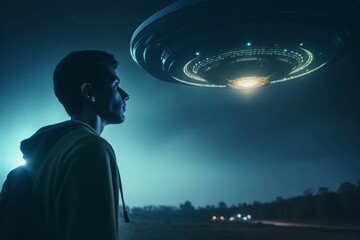 Surprised male witness staring at intergalactic UFO spacecraft. Celestial outer space alien invasion. Generate ai