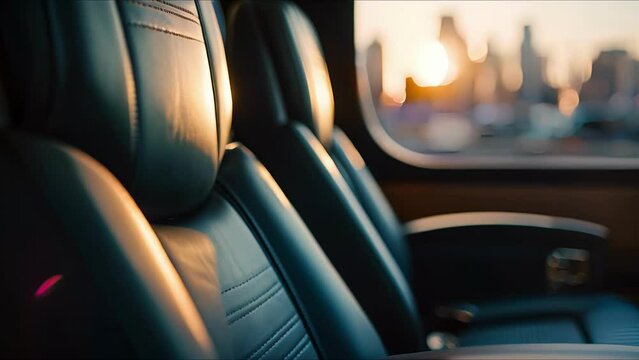The level of detail in the stitching on these leather seats is a reflection of the utmost attention to quality and design in this private jet, while the stunning skyline outside reminds you