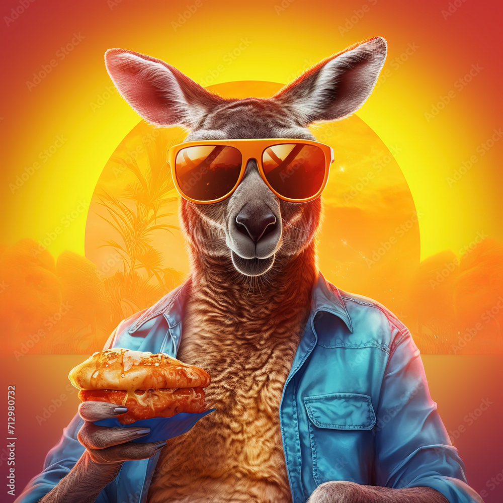 Poster A hip kangaroo in shades chowing down on a cheesburger