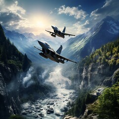 Fighter plane flying over mountain river image Generative AI - obrazy, fototapety, plakaty
