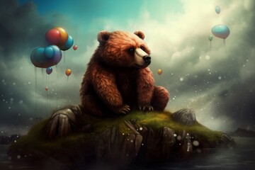 Surreal cute bear surrounded with flying balloons. Enchanting brown forest animal on mountain peak. Generate ai - obrazy, fototapety, plakaty