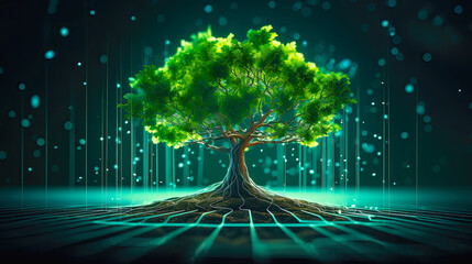 Growing tree in cyberspace as symbol of ecological IT development. Postproducted generative AI illustration. - obrazy, fototapety, plakaty