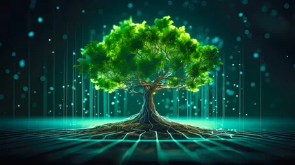 Foto op Canvas Growing tree in cyberspace as symbol of ecological IT development. Postproducted generative AI illustration. © LeArchitecto