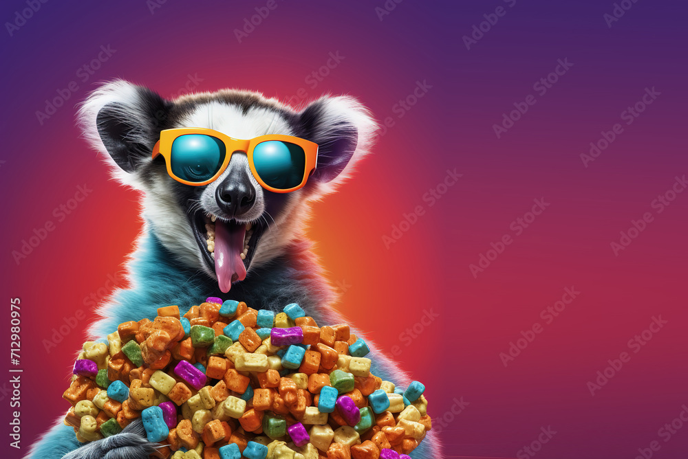 Wall mural A laid back lemur wearing shades nibbing on gummy bears