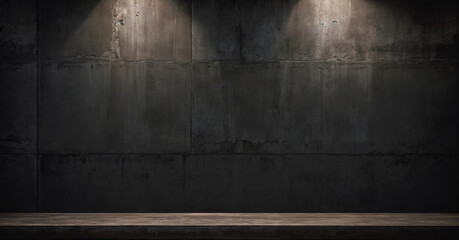 A wooden table in front of black concrete wall with a spotlight shining on