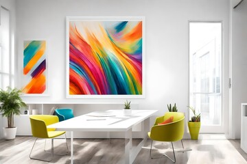 A vibrant and energizing office environment, featuring a colorful abstract art mockup in a white frame.