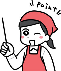 笑顔で指示棒を持つ女性レジスタッフ