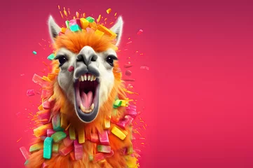 Tuinposter A llama with funny expressions relishing fruit © Graphicgrow
