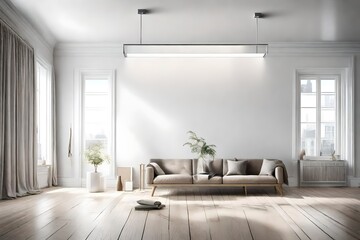 Naklejka na ściany i meble Capturing the essence of beauty in simplicity, an empty room with a white frame on a clear wall, lit by a pendant light, offers a striking and minimalist aesthetic.