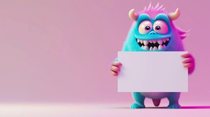 3D cute blue monster holding up a blank sign, colorful cartoon character, empty banner  - obrazy, fototapety, plakaty