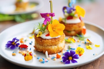 Obraz na płótnie Canvas festive crab cakes with colorful edible flower topping