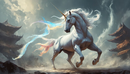 Fantasy Illustration of a wild unicorn Horse. Digital art style wallpaper background in pastel colors. - obrazy, fototapety, plakaty