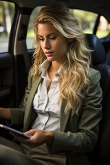 Fototapeta na wymiar Businesswoman in a rental car, navigating through an unfamiliar city with a GPS, Generative AI