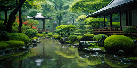 Fototapeta na wymiar Japanese traditional garden in mild rainy weather. Postproducted generative AI illustration.