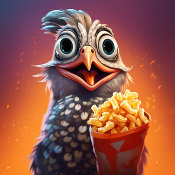 A quirky anthropomorphic guail with a grin eating snacks