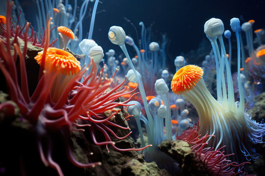 
Illustration of a colony of colorful tube worms on a deep-sea hydrothermal vent