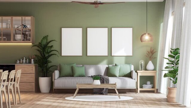 Animation of modern contemporary cozy green wall living and dining room 3d render , The rooms have wooden floors decorated with potted plants large window nature light in to the room
