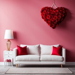 A heart-shaped red rose wreath on a wall for Valentine's Day. Interior home decor black sofa with red cushions.