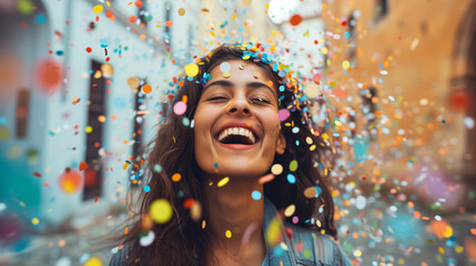 a women is smilling as confetti rains down all around her