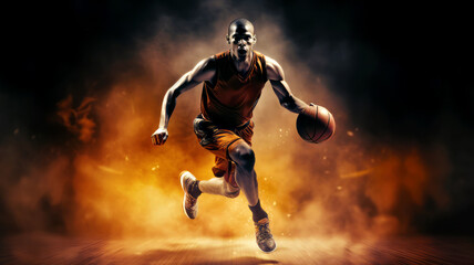 Running basketball player dribble on wooden floor on black background. Postproducted generative AI illustration. - obrazy, fototapety, plakaty