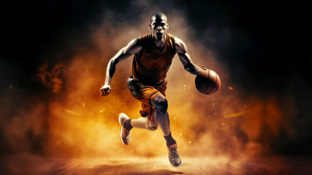 Running basketball player dribble on wooden floor on black background. Postproducted generative AI illustration.