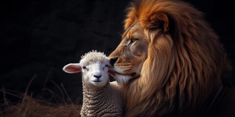 Fototapeta premium A lion and a lamb close together, symbolizing peace and harmony, set against a dark background.