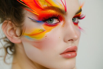 Close up dramatic eye makeup. Fashion art portrait. Beauty makeup artist ideas. Red lips, eyes, eyeshadows. Vivid bright make-up, lipstick for party.