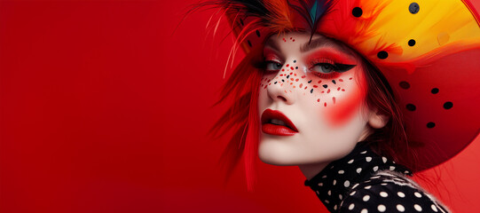 Close up dramatic eye makeup. Fashion art portrait. Beauty makeup artist ideas. Red lips, eyes,...