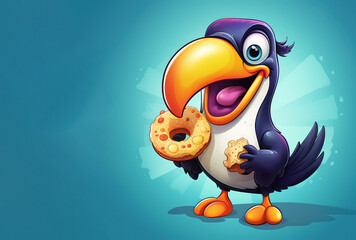 A trendy toucan with a big smile munching on cheese puffs
