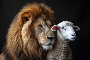A lion and a lamb close together, symbolizing peace and harmony, set against a dark background.