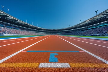 Empty athletic running tracks in a stadium filled with spectators.