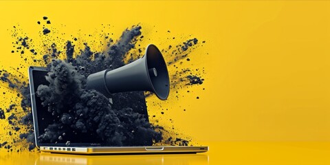A laptop with a megaphone on a yellow background with black graphic accents suggesting sound and impact. - obrazy, fototapety, plakaty