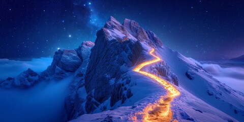 Snowy mountain peak with a winding path illuminated by a glowing light under a night sky.