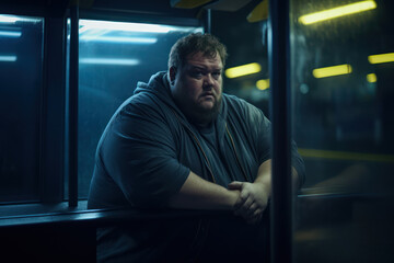 Overweight individual at a bus stop at night, looking sadly at his reflection in the glass, with...