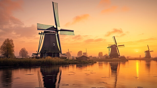 Windmills near water canal at sunset. Postproducted generative AI illustration.