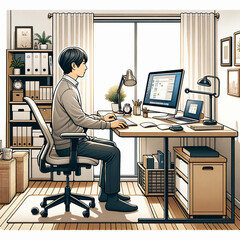 自宅をオフィスにして在宅ワークをする男性