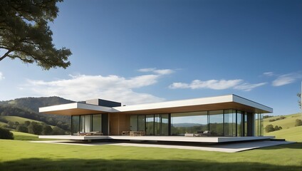 Fototapeta na wymiar A modern, minimalist home with sleek lines and large windows, set against a backdrop of rolling hills and a bright blue sky. generative AI