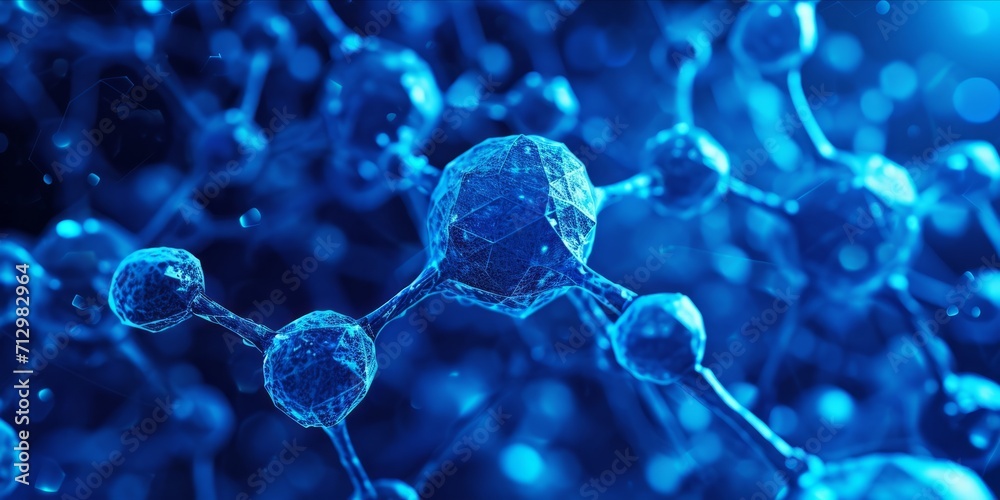 Wall mural abstract image of molecular structures in blue tones with connections and nodes.