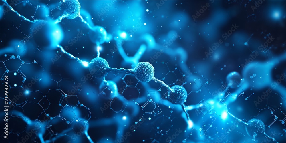 Wall mural abstract image of molecular structures in blue tones with connections and nodes.