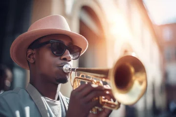 Foto op Plexiglas Trumpet man with trumpet instrument. Handsome male musician playing trumpet on street. Generate ai © nsit0108