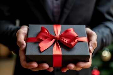 Man in a suit holding a gift box with a ribbon.