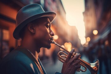 Trumpeter playing on urban street. Musician performer artist blowing trumpet instrument. Generate ai
