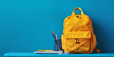 Bright yellow school backpack with school supplies and a laptop on a blue background. - obrazy, fototapety, plakaty