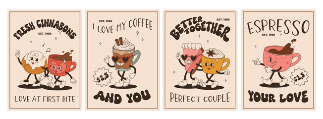 Fototapeta premium Valentine's Day set of vintage characters. Happy and cheerful retro. Old animation 50s, 60s 70s, groovy cartoon characters of coffee and sweets, donut, cupcake, espresso, latte, cocoa, cake. present.