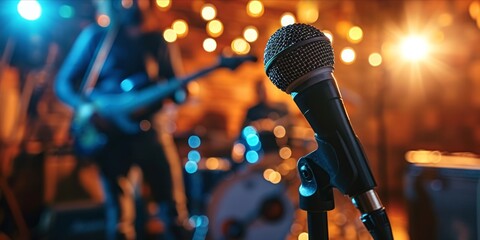 Close up of a microphone on a stand at a live music concert with a guitarist and drummer in the...